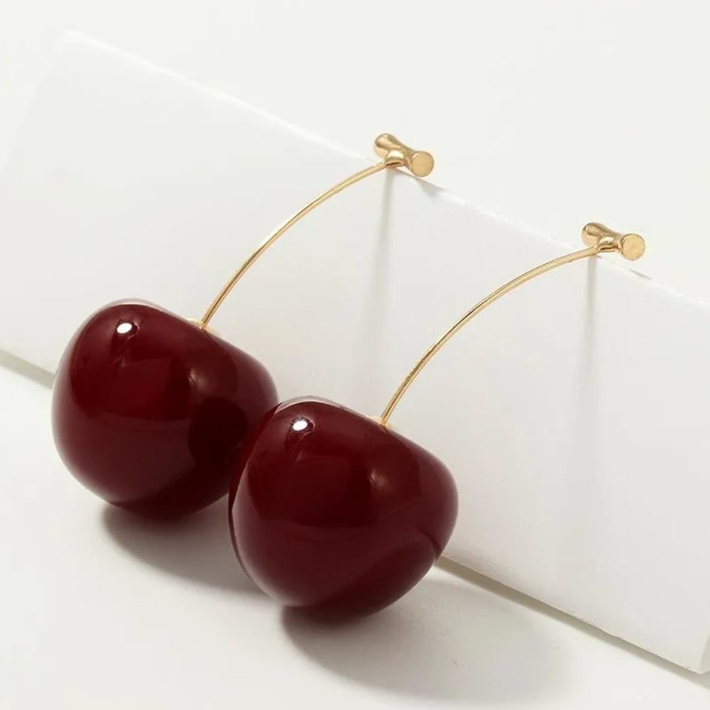 Sweet Dark Red Cherry Fruit Resin Drop Earrings NEW - Picture 4 of 6